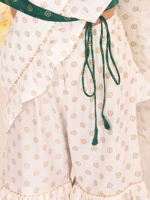 Girl's Green And Cream Palazzo Saree Set